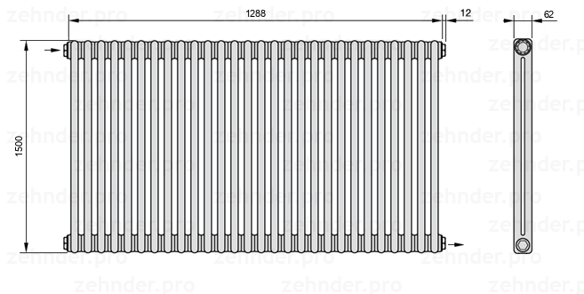 Схема (чертеж) Радиатор Zehnder Charleston 2150/28 №1670 Белый глянцевый RAL 9016